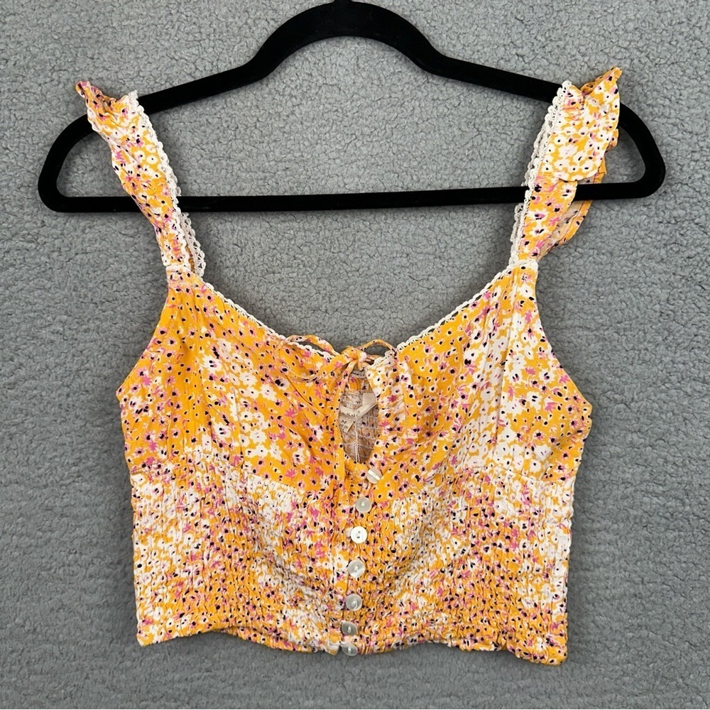 Sim & Sam Top Womens Medium Orange Ditsy Floral Smocked Ruffle Crop Y2K Boho NEW